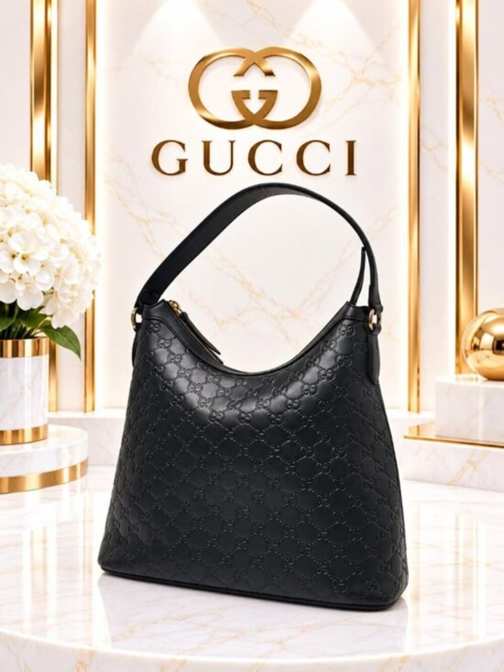 Authentic Gucci Guccissima Black Leather Hobo Shoulder Bag GG Monogram Luxury